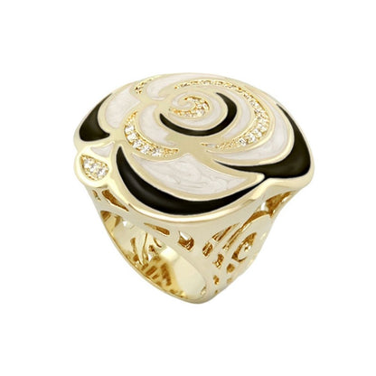 Roses Are Red Cocktail Ring by Lauren G Adams, gold-tone ring with black and cream enamel rose and crystal accents on Tampa Home & Garden Store