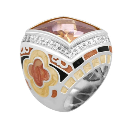 Art Deco cocktail ring with a large peach gemstone, pavé diamonds, and enamel mosaic inlay on Tampa Home & Garden Store