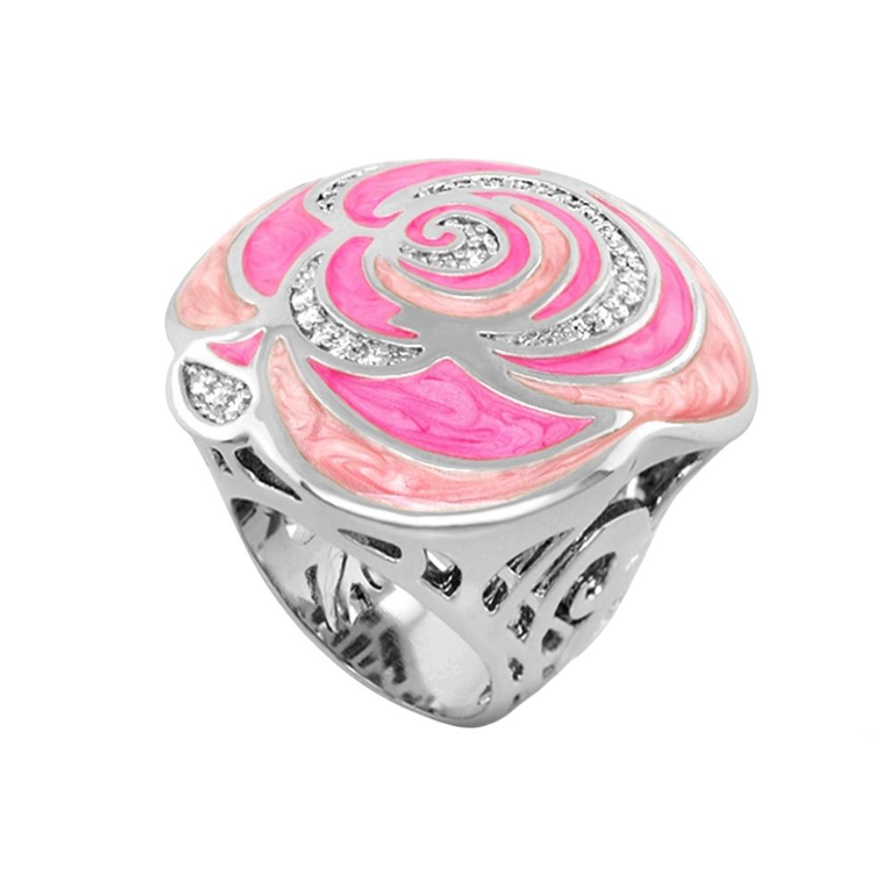 Roses Are Red Cocktail Ring with pink peach enamel rose and silver band by Lauren G Adams on Tampa Home & Garden Store