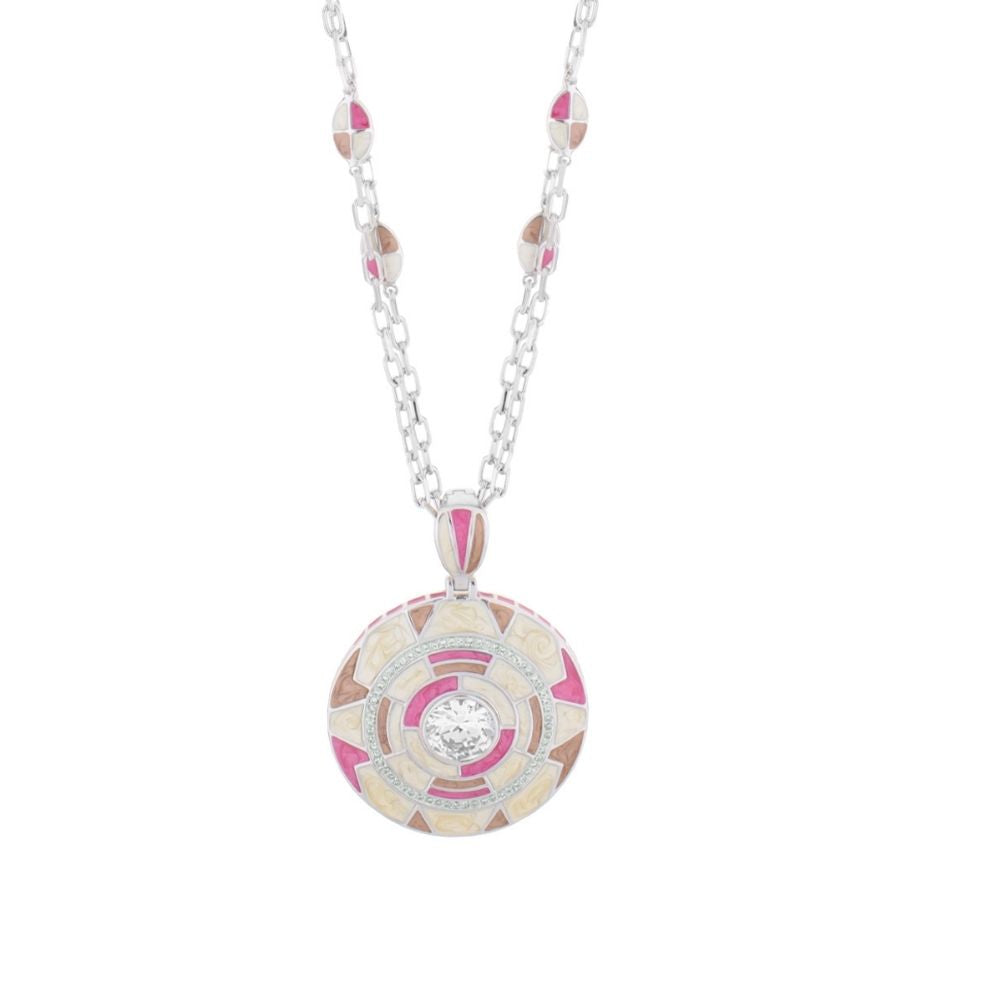 Art Deco long necklace with round pink cream mosaic pendant, Lauren G Adams, silver chain on Tampa Home & Garden Store