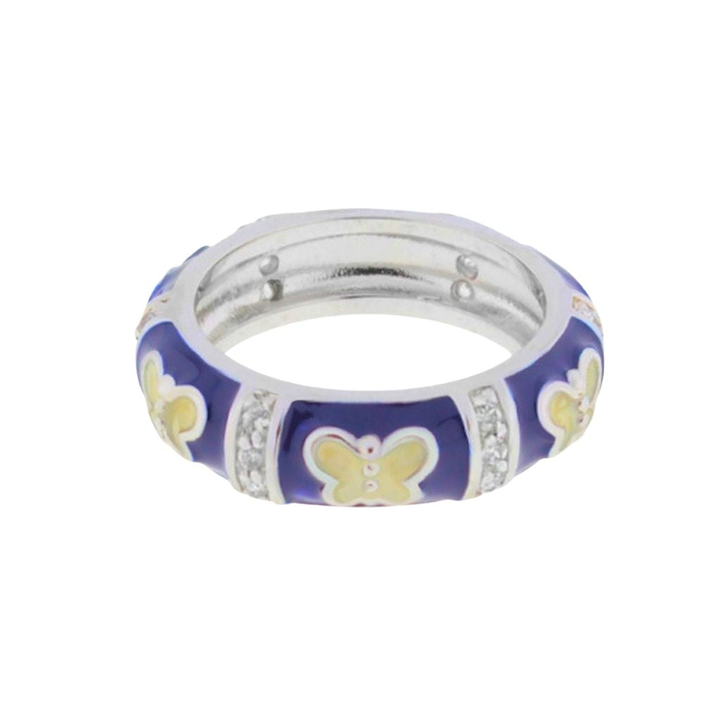 Butterfly World Ring Domed Pavé Station band ring in blue enamel with butterflies and pavé on Tampa Home & Garden Store