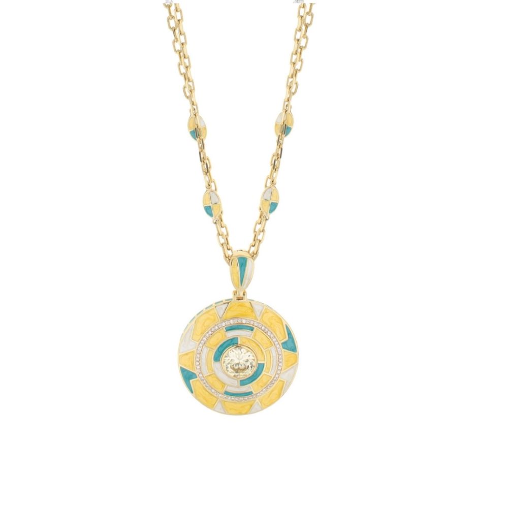 Art Deco Necklace by Lauren G Adams, gold chain with turquoise and yellow enamel pendant on Tampa Home & Garden Store
