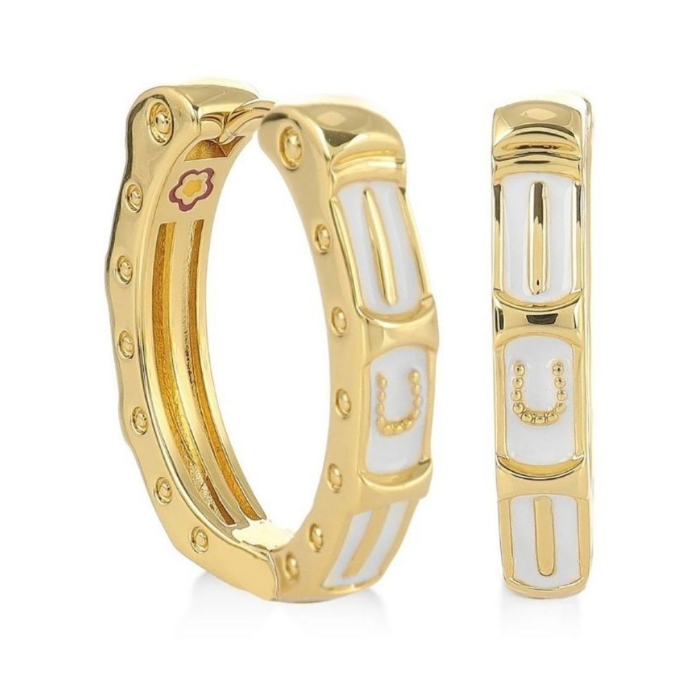Equestrian Earrings enamel hoop pair by Lauren G Adams, gold-tone with white enamel panels on Tampa Home & Garden Store