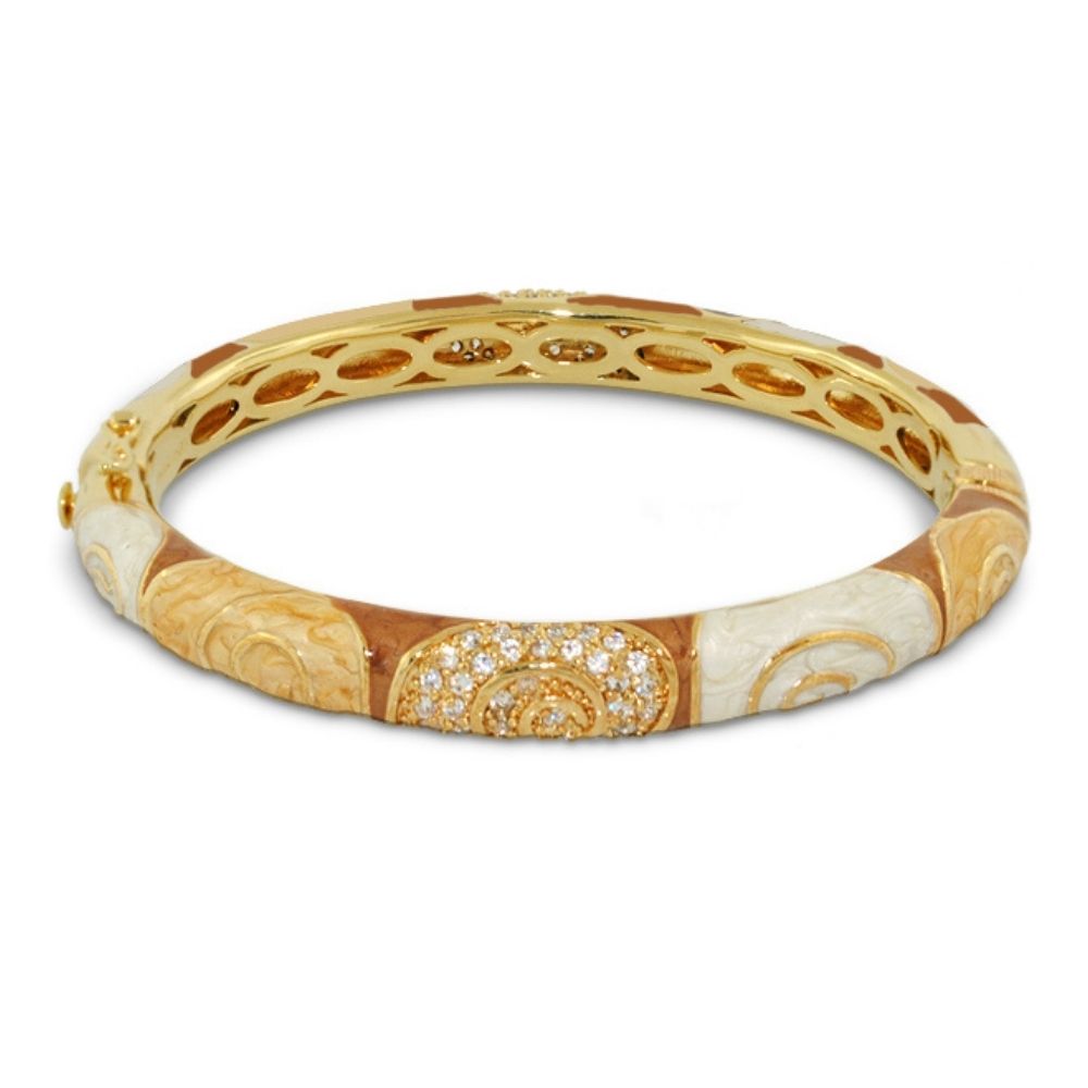 Signature Swirl Bangle, gold hinged bracelet by Lauren G Adams with white enamel panels and pavé on Tampa Home & Garden Store