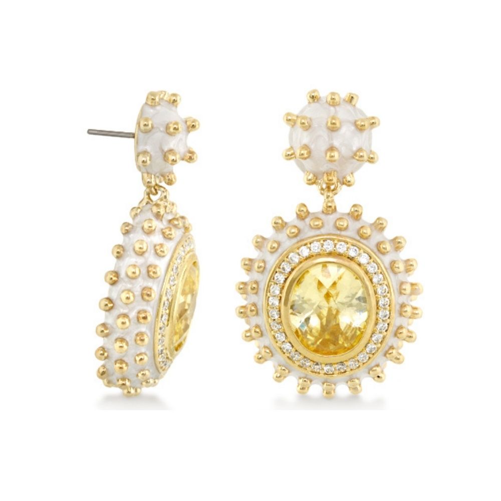 Fresh Fantasy earrings, gold-tone drop with white discs and yellow citrine by Lauren G Adams on Tampa Home & Garden Store