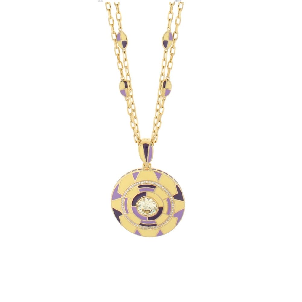 Art Deco long necklace by Lauren G Adams with purple enamel geometric pendant on gold chain on Tampa Home & Garden Store