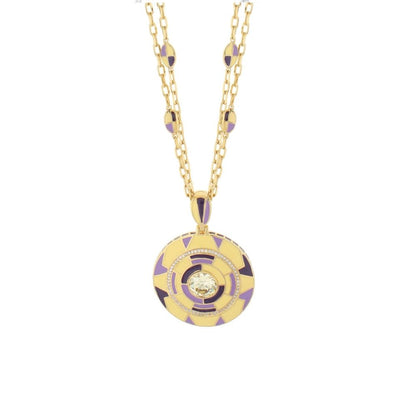 Art Deco long necklace by Lauren G Adams with purple enamel geometric pendant on gold chain on Tampa Home & Garden Store