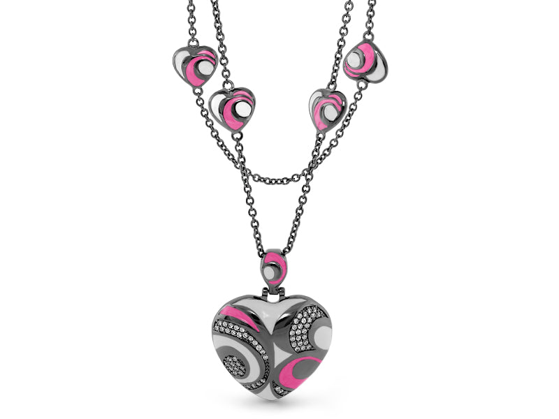 Modern Art Necklace by Lauren G Adams, silver heart with pink accents and crystals on chain on Tampa Home & Garden Store
