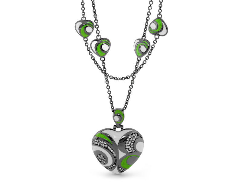 Modern Art Necklace pendant Lauren G Adams, silver heart with green enamel accents on chain on Tampa Home & Garden Store