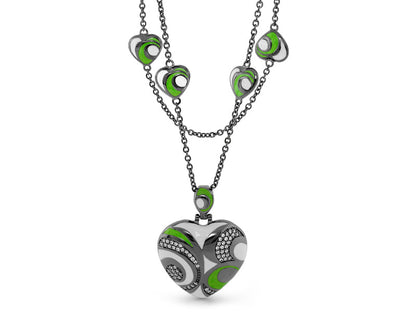 Modern Art Necklace pendant Lauren G Adams, silver heart with green enamel accents on chain on Tampa Home & Garden Store