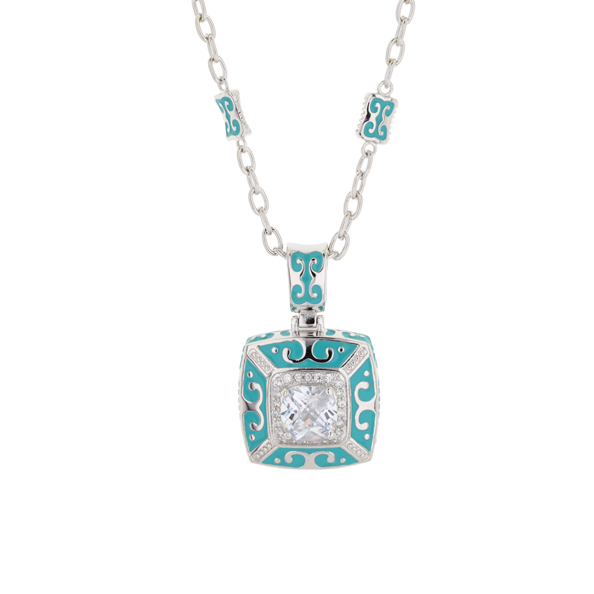 Enamel Engagement Pendant necklace by Lauren G Adams, turquoise enamel, silver frame on Tampa Home & Garden Store