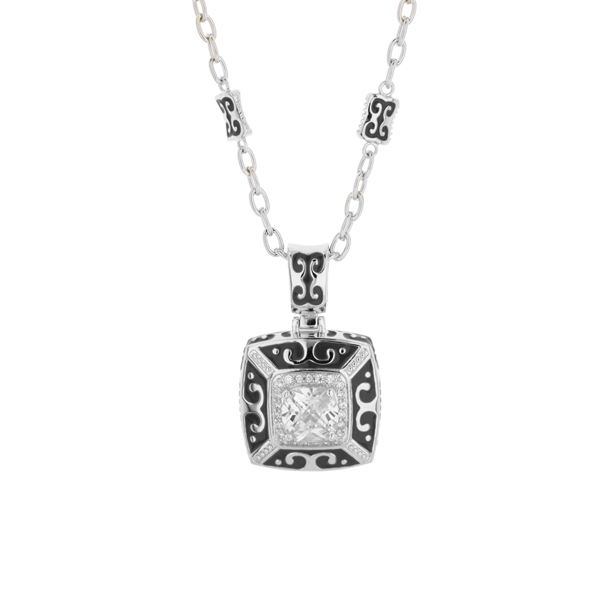 Enamel Engagement Framed Crystal Pendant necklace with silver-tone chain and black enamel accents on Tampa Home & Garden Store