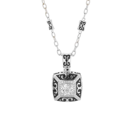 Enamel Engagement Framed Crystal Pendant necklace with silver-tone chain and black enamel accents on Tampa Home & Garden Store