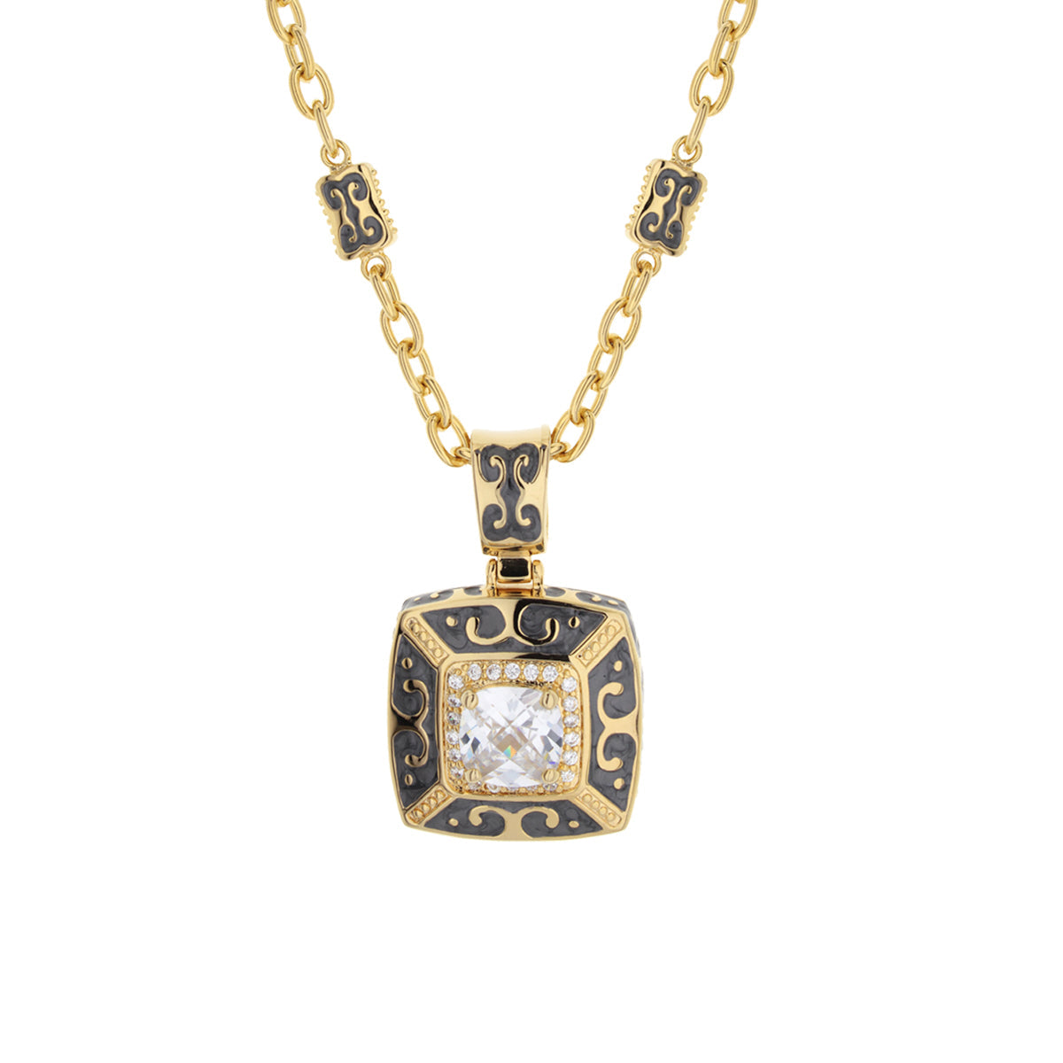 Enamel Engagement pendant necklace by Lauren G Adams in gold with black enamel and crystal stone on Tampa Home & Garden Store