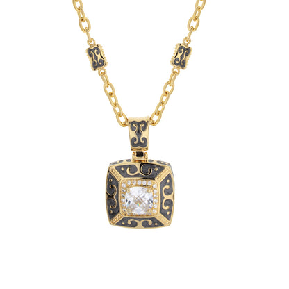 Enamel Engagement pendant necklace by Lauren G Adams in gold with black enamel and crystal stone on Tampa Home & Garden Store