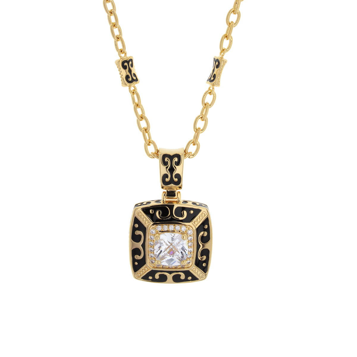 Enamel Engagement Framed Crystal Pendant necklace in gold with black enamel scrollwork on Tampa Home & Garden Store