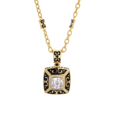 Enamel Engagement Framed Crystal Pendant necklace in gold with black enamel scrollwork on Tampa Home & Garden Store