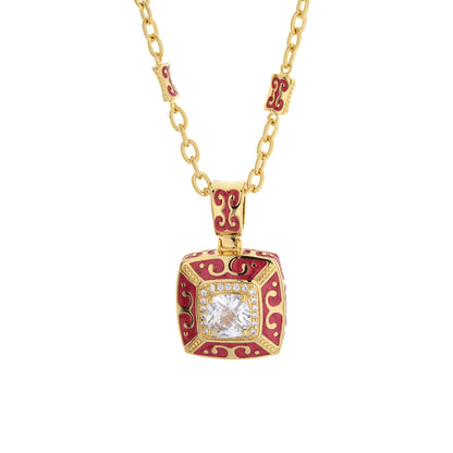Enamel Engagement pendant by Lauren G Adams, gold-tone red enamel frame with crystal center on Tampa Home & Garden Store