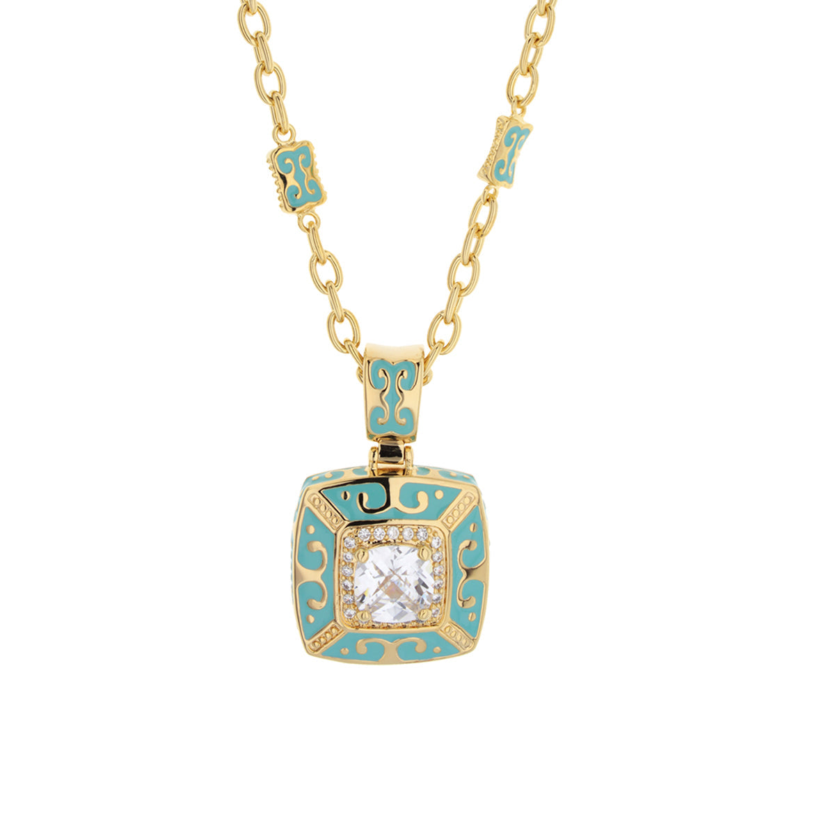 Short necklace Enamel Engagement framed crystal pendant in turquoise enamel with gold filigree Lauren G Adams on Tampa Home & Garden Store