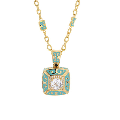 Short necklace Enamel Engagement framed crystal pendant in turquoise enamel with gold filigree Lauren G Adams on Tampa Home & Garden Store