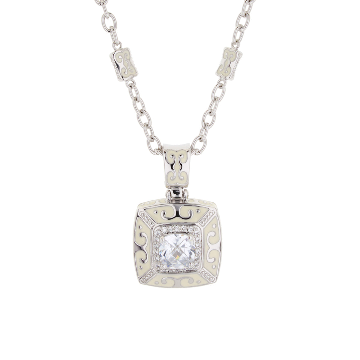 Enamel framed crystal pendant necklace, silver-tone with scrollwork, Lauren G Adams on Tampa Home & Garden Store