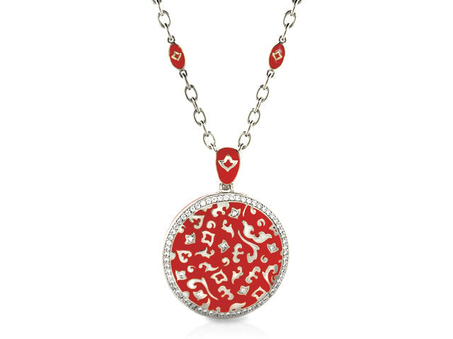 Fleur de Love pendant by Lauren G Adams red enamel round with crystal halo on silver chain on Tampa Home & Garden Store
