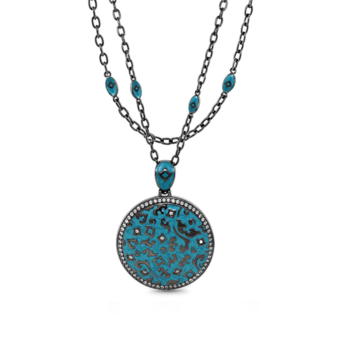Fleur de Love pendant necklace turquoise pendant black filigree and crystal border on Tampa Home & Garden Store