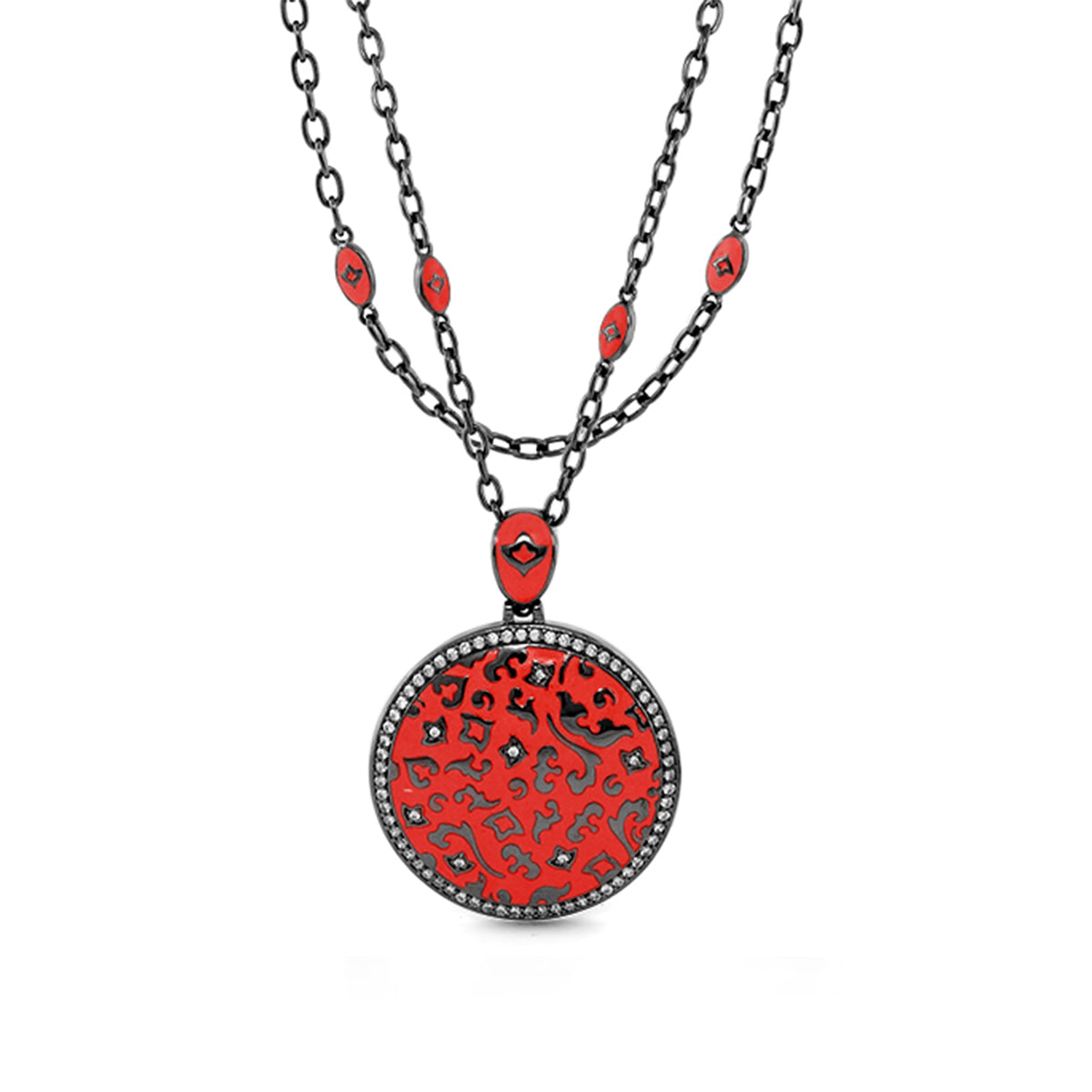 Fleur de Love pendant necklace by Lauren G Adams, red circle with black floral pattern on Tampa Home & Garden Store