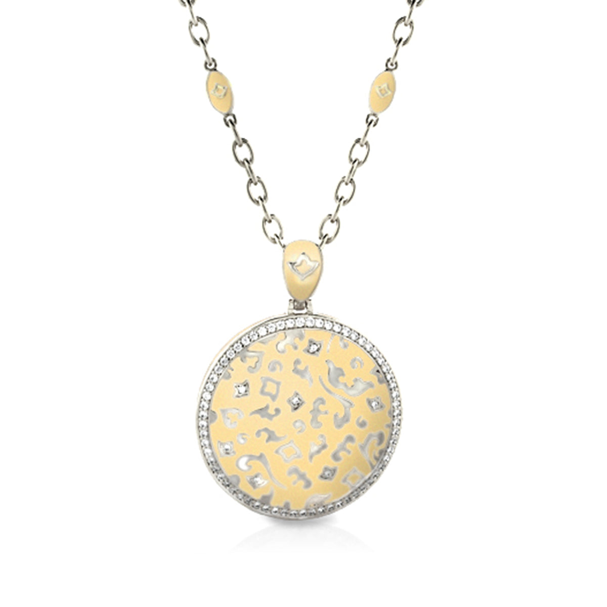 Pendant Fleur de Love necklace by Lauren G Adams, two-tone gold disc with diamond bezel on Tampa Home & Garden Store