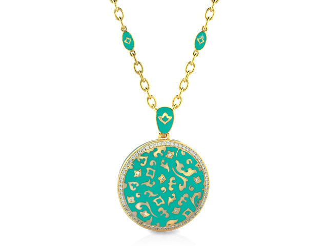 Fleur de Love pendant necklace turquoise enamel round pendant with gold floral motif on gold chain on Tampa Home & Garden Store