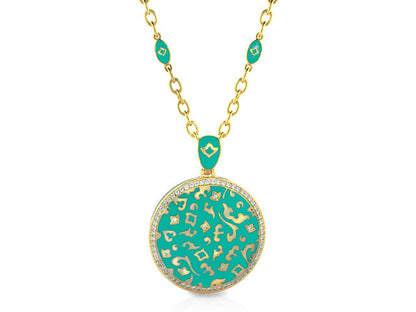Fleur de Love pendant necklace turquoise enamel round pendant with gold floral motif on gold chain on Tampa Home & Garden Store