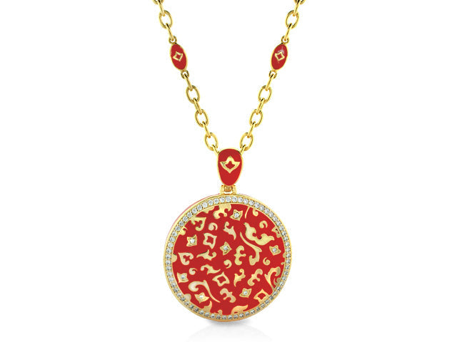 Pendant Fleur de Love by Lauren G Adams, red enamel round pendant on gold chain on Tampa Home & Garden Store