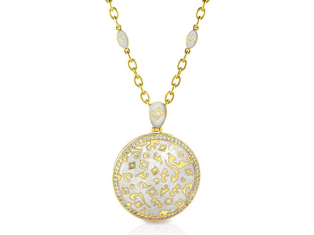 Fleur de Love pendant necklace by Lauren G Adams, gold-tone round pendant with filigree and pavé edge on grey enamel chain on Tampa Home & Garden Store