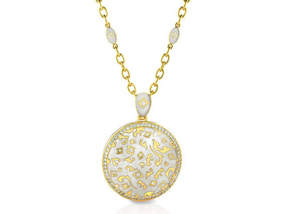 Fleur de Love pendant necklace by Lauren G Adams, gold-tone round pendant with filigree and pavé edge on grey enamel chain on Tampa Home & Garden Store