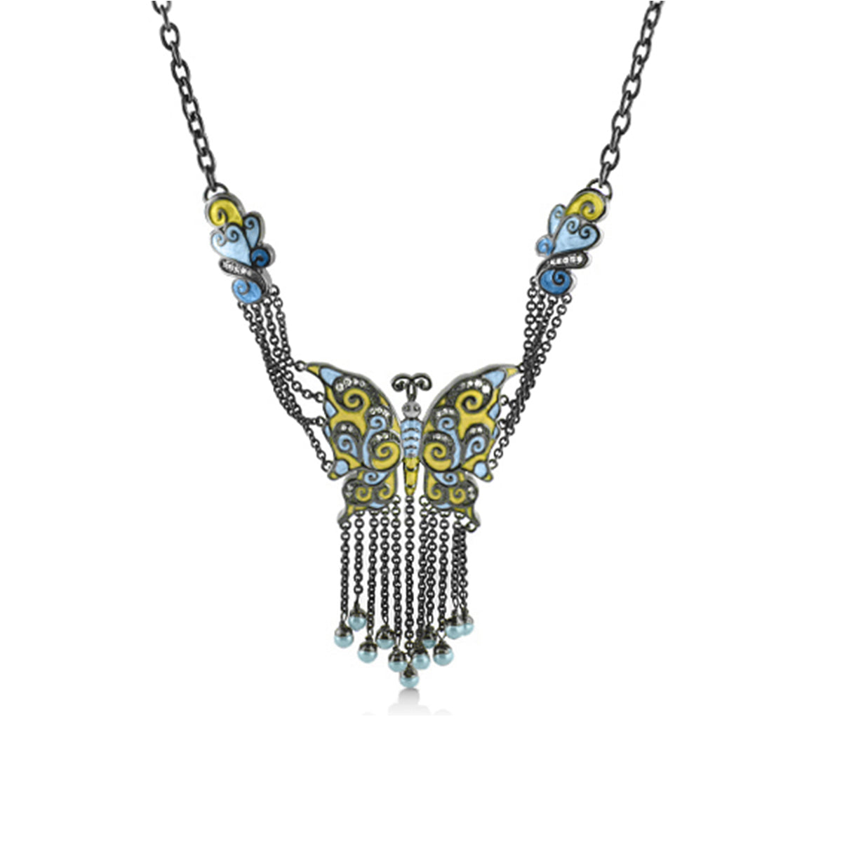 Butterfly World Necklace blue and yellow enamel butterfly pendant with tassel fringe chains on Tampa Home & Garden Store
