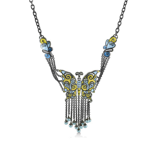 Butterfly World Necklace blue and yellow enamel butterfly pendant with tassel fringe chains on Tampa Home & Garden Store