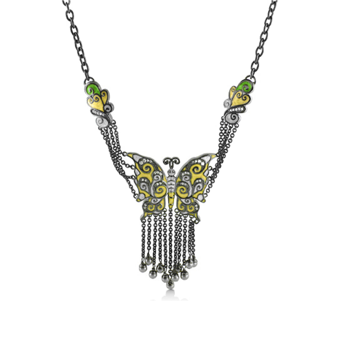 Butterfly World Necklace with ornate butterfly pendant, yellow-green enamel, and dangling chain fringe on Tampa Home & Garden Store