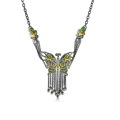 Butterfly World Necklace with ornate butterfly pendant, yellow-green enamel, and dangling chain fringe on Tampa Home & Garden Store