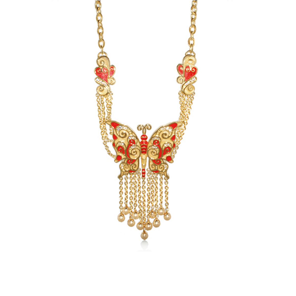 Butterfly World Necklace by Lauren G Adams, gold-tone short necklace with red enamel butterfly motifs and chain fringe on Tampa Home & Garden Store