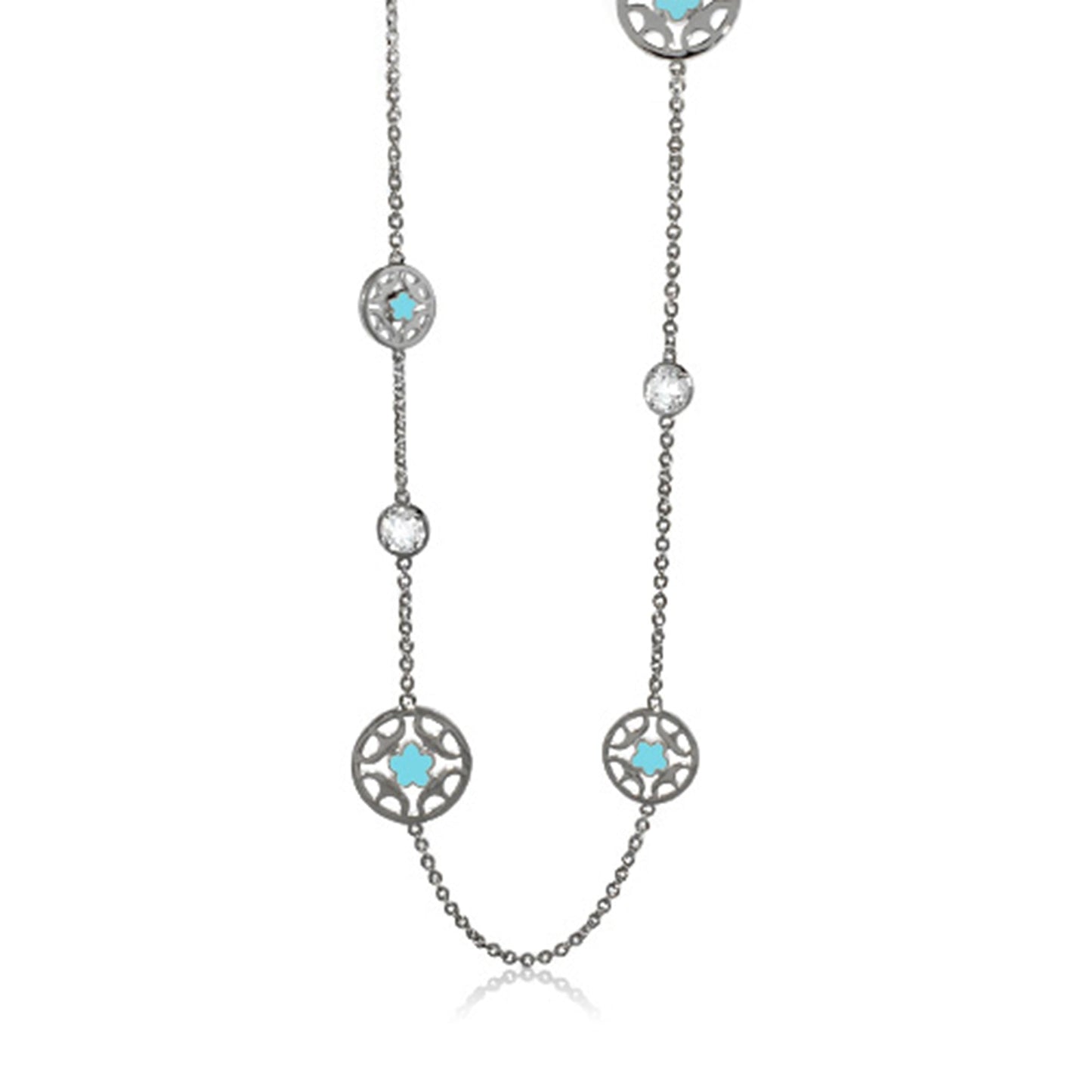 Circle of Love Necklace, silver filigree discs with turquoise accents, long chain on Tampa Home & Garden Store