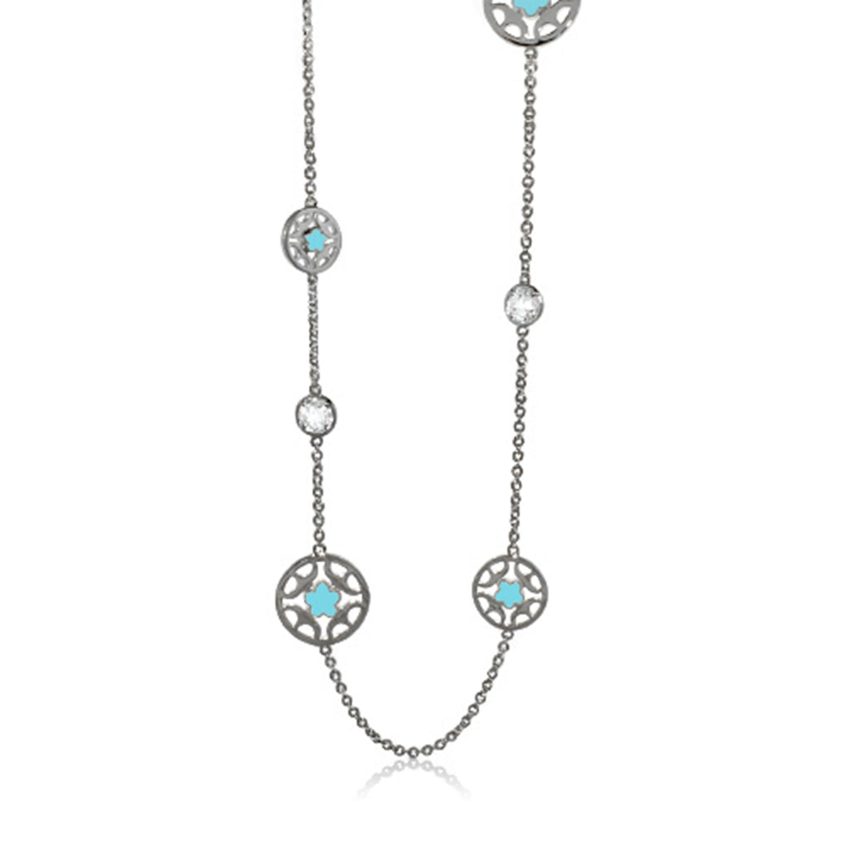 Circle of Love Necklace, silver filigree discs with turquoise accents, long chain on Tampa Home & Garden Store