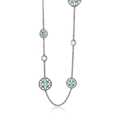 Circle of Love Necklace, silver filigree discs with turquoise accents, long chain on Tampa Home & Garden Store