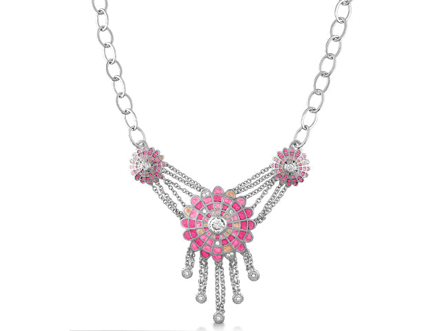 Sundial Enamel Necklace with pink floral sunburst pendant and crystal accents on silver chains on Tampa Home & Garden Store