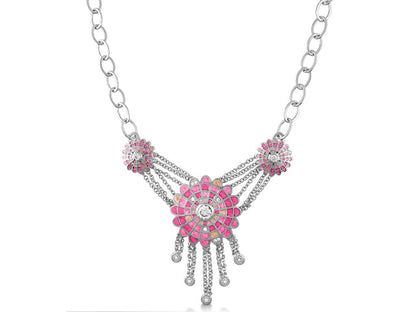 Sundial Enamel Necklace with pink floral sunburst pendant and crystal accents on silver chains on Tampa Home & Garden Store