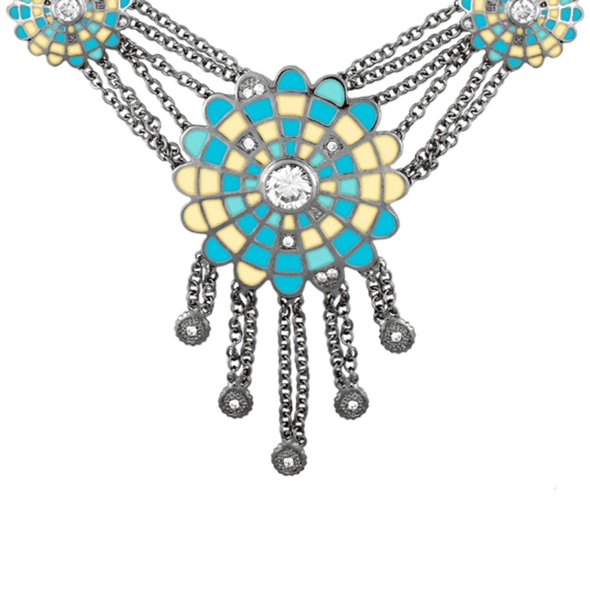Lauren G Adams Sundial enamel necklace with mosaic flower pendant turquoise yellow and crystal on Tampa Home & Garden Store