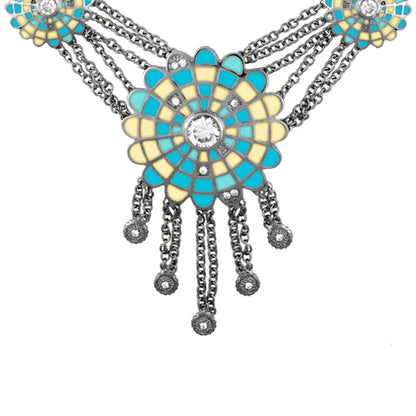 Lauren G Adams Sundial enamel necklace with mosaic flower pendant turquoise yellow and crystal on Tampa Home & Garden Store
