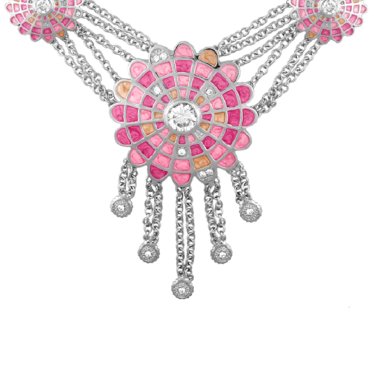 Enamel sundial necklace pink mosaic petals with crystal center by Lauren G Adams, silver chains on Tampa Home & Garden Store