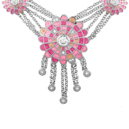 Enamel sundial necklace pink mosaic petals with crystal center by Lauren G Adams, silver chains on Tampa Home & Garden Store