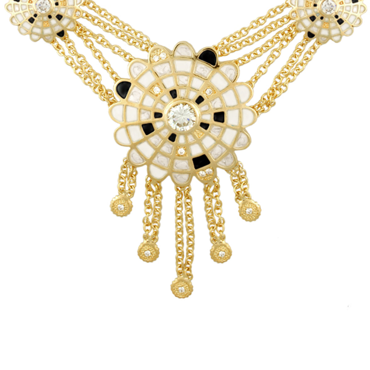 Sundial Necklace enamel floral pendant with crystal center and tassel chains by LG Adams on Tampa Home & Garden Store