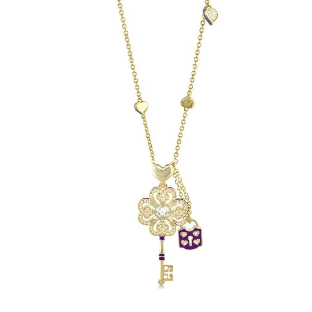 Fun Key Necklace pendant in gold by Lauren G Adams with clover filigree and crystal center on Tampa Home & Garden Store